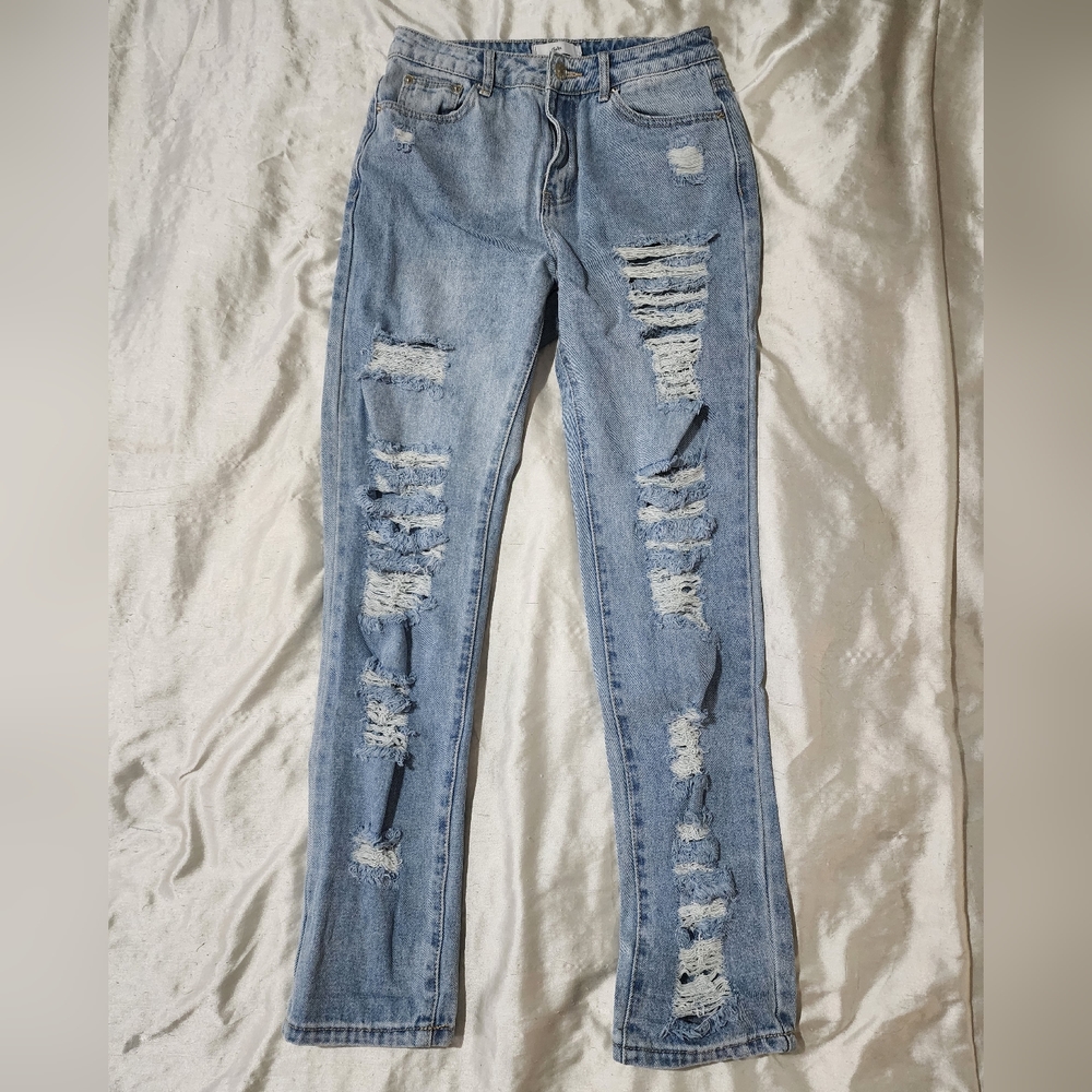 Adika Light Blue Heavily Distressed Front & Back High Rise Jeans